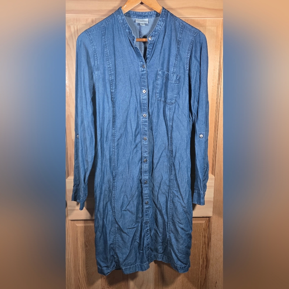 J. Jill Denim Shirt Dress Button Front Roll Tab Sleeve Pockets Womens Medium